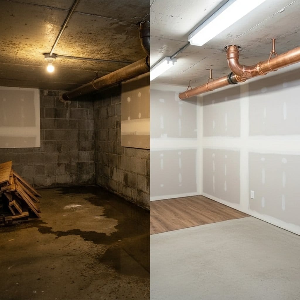 Water Damage Restoration before and after in residential basement, Ho-Ho-Kus NJ