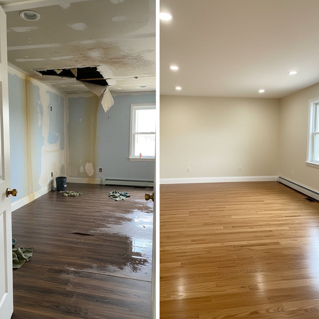 Before and after emergency water removal in Ho-Ho-Kus two-story residence bedroom