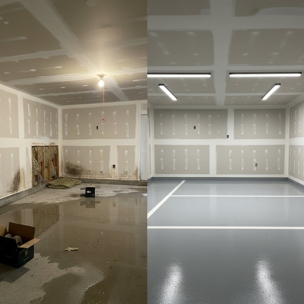 Basement Flood Cleanup before and after in garage, Ho-Ho-Kus NJ