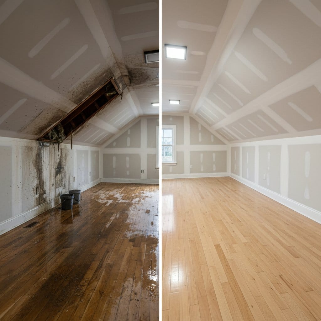 Before and after basement flood cleanup in Ho-Ho-Kus commercial property attic space