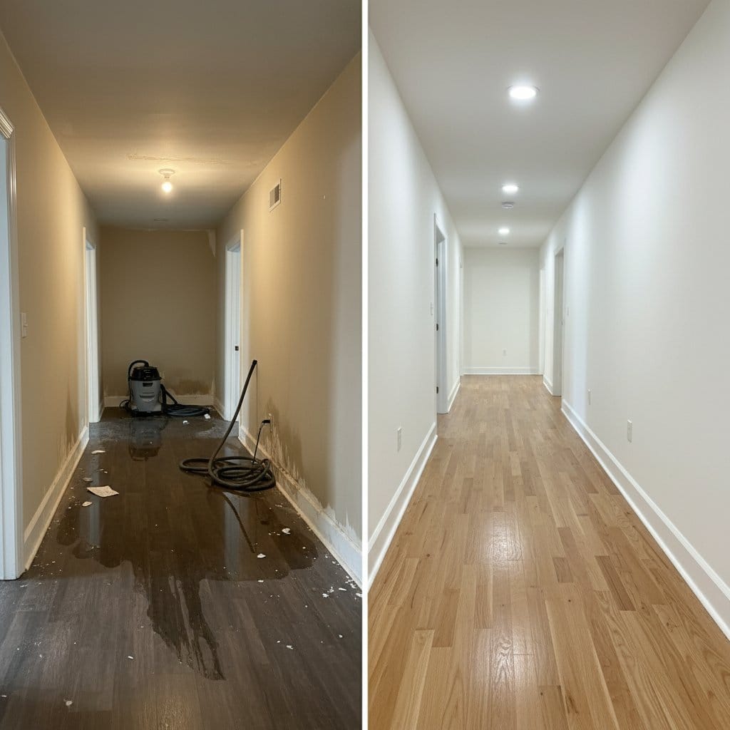 Burst Pipe & Plumbing Leak Damage before and after in hallway, Ho-Ho-Kus NJ