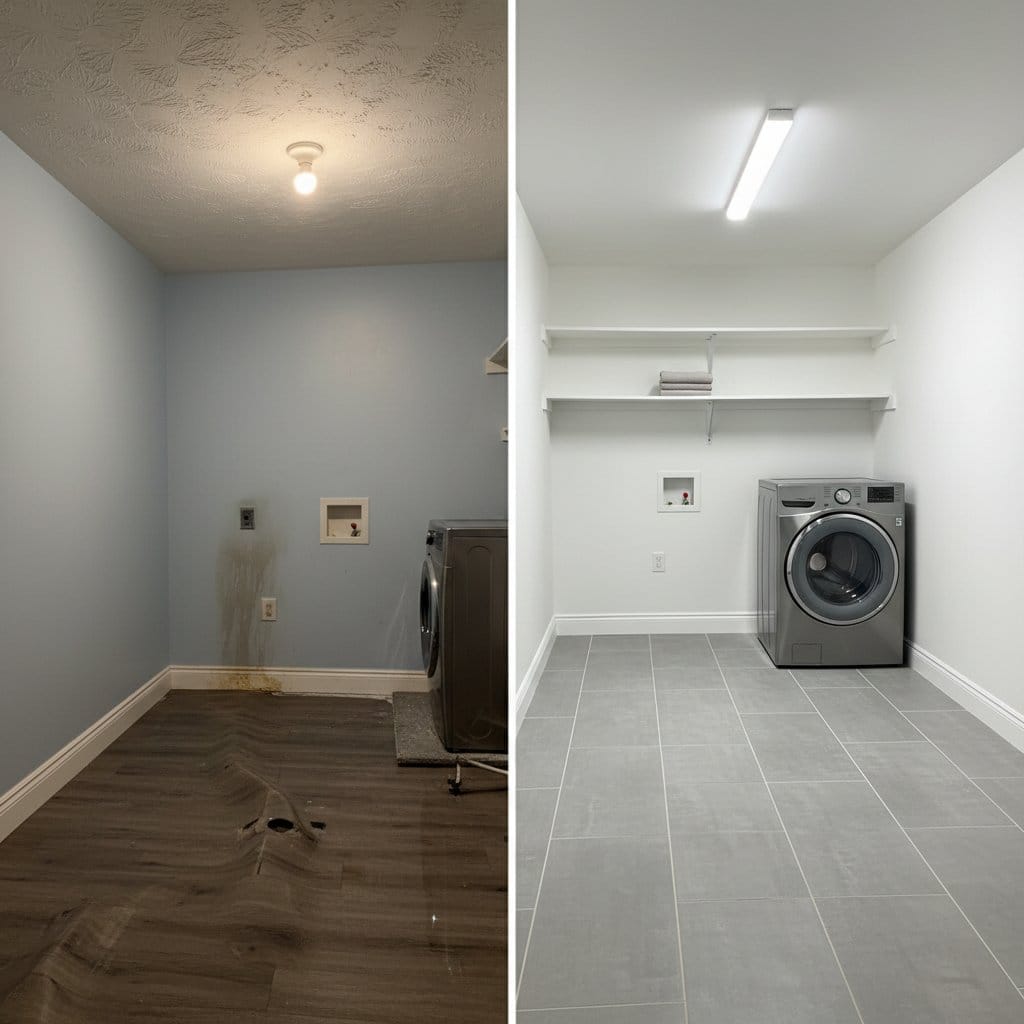 Burst Pipe & Plumbing Leak Damage restoration — laundry room of contemporary home in Ho-Ho-Kus, NJ