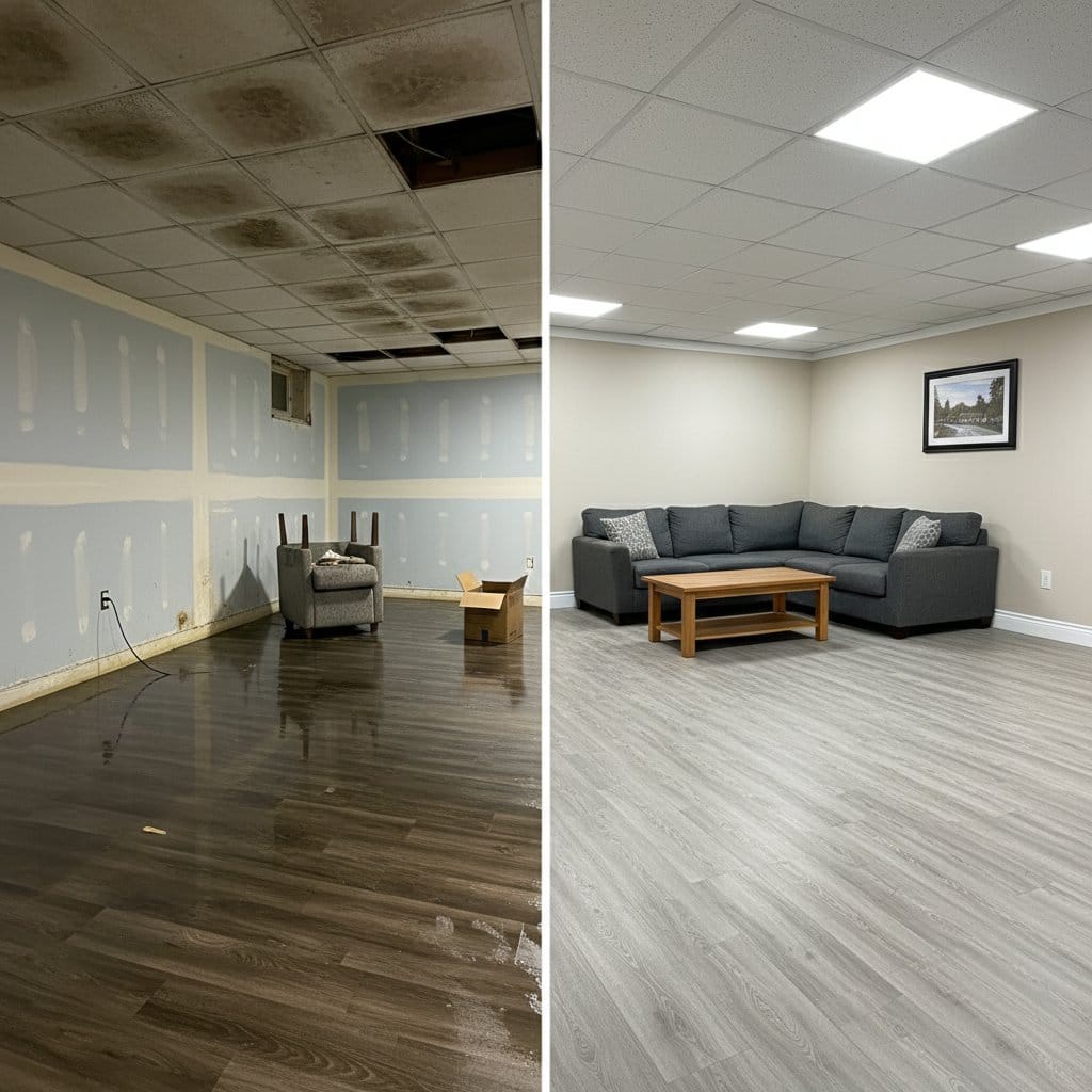 Storm & Roof Leak Water Damage before and after in finished basement, Ho-Ho-Kus NJ