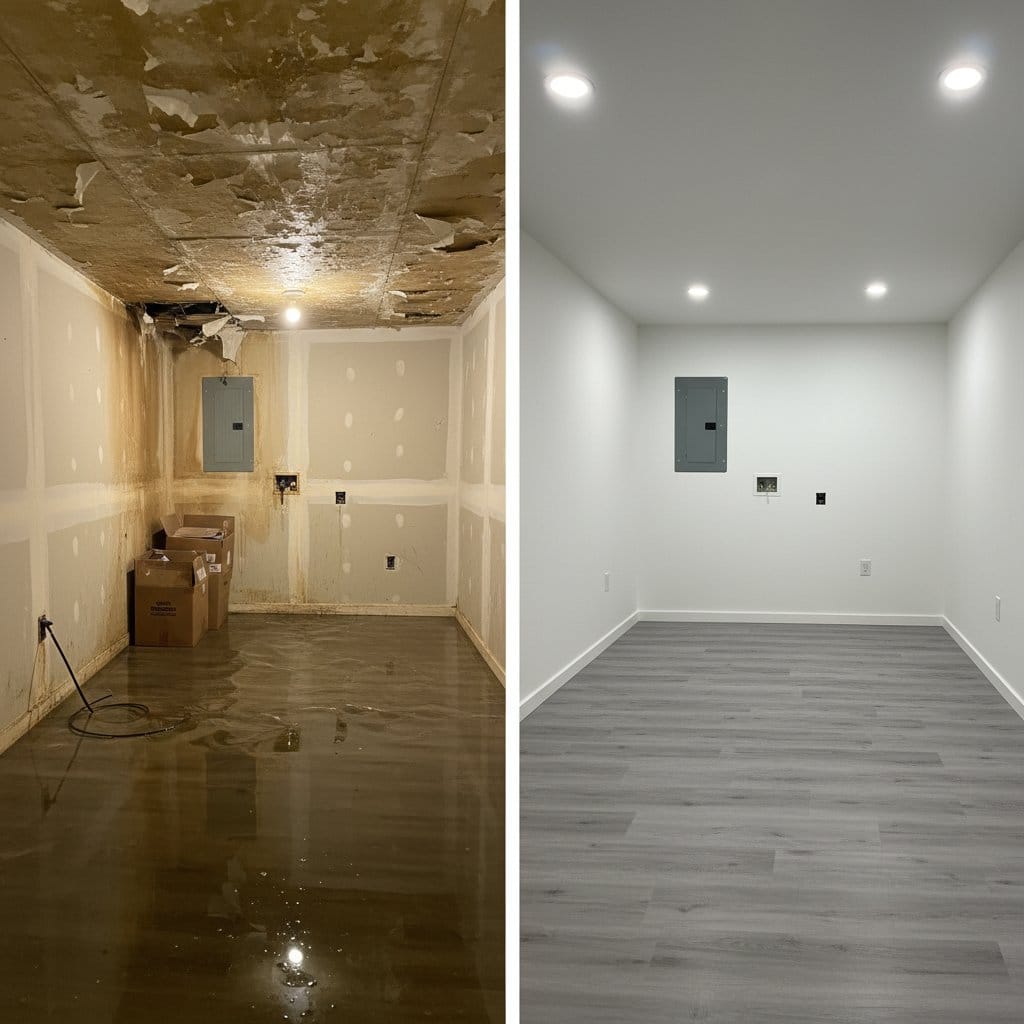 Storm & Roof Leak Water Damage restoration — utility room of split-level home in Ho-Ho-Kus, NJ