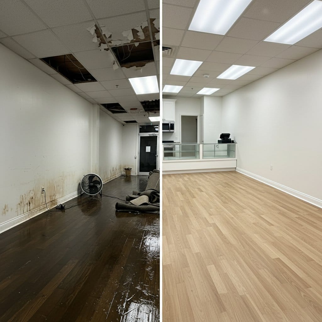 Before and after storm & roof leak water damage in Ho-Ho-Kus Cape Cod house storefront interior