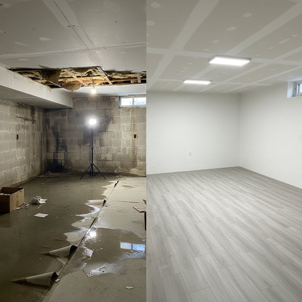 Sewage Backup Cleanup before and after in residential basement, Ho-Ho-Kus NJ