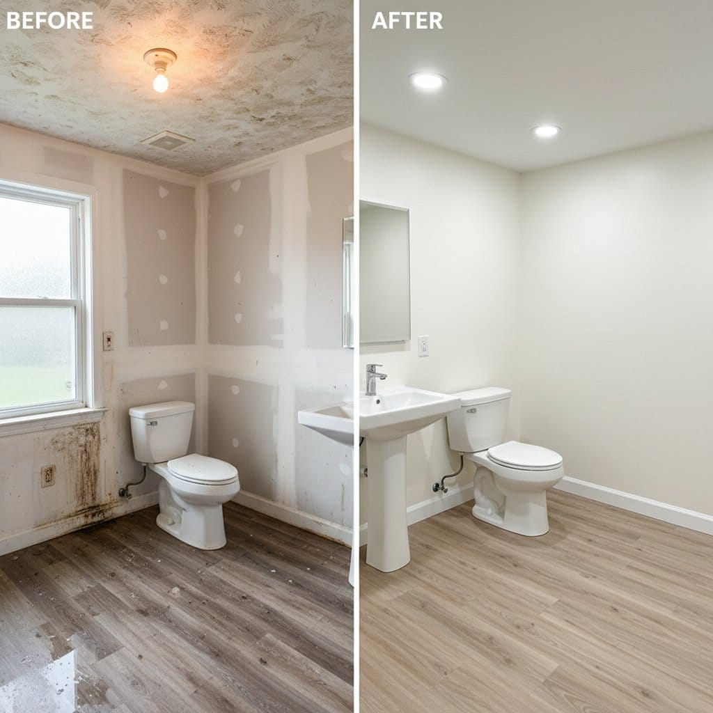 Before and after sewage backup cleanup in Ho-Ho-Kus private residence bathroom