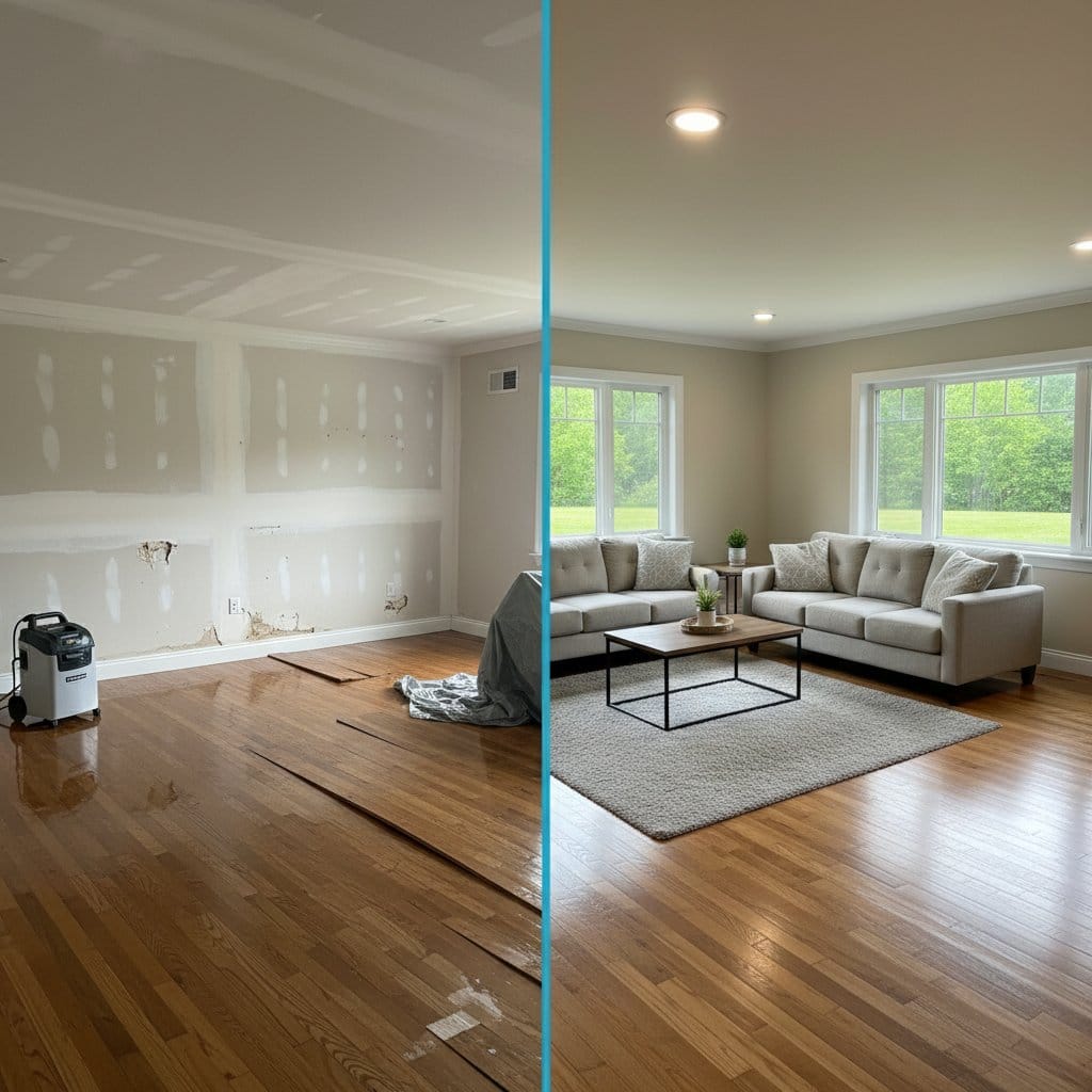Structural Drying & Dehumidification before and after in living room, Ho-Ho-Kus NJ