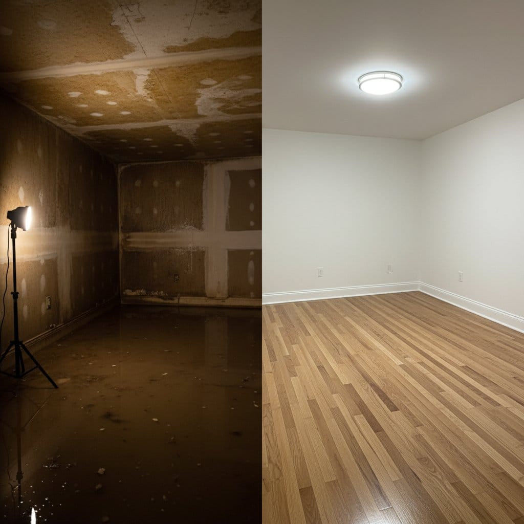 Before and after structural drying & dehumidification in Ho-Ho-Kus bi-level home bedroom
