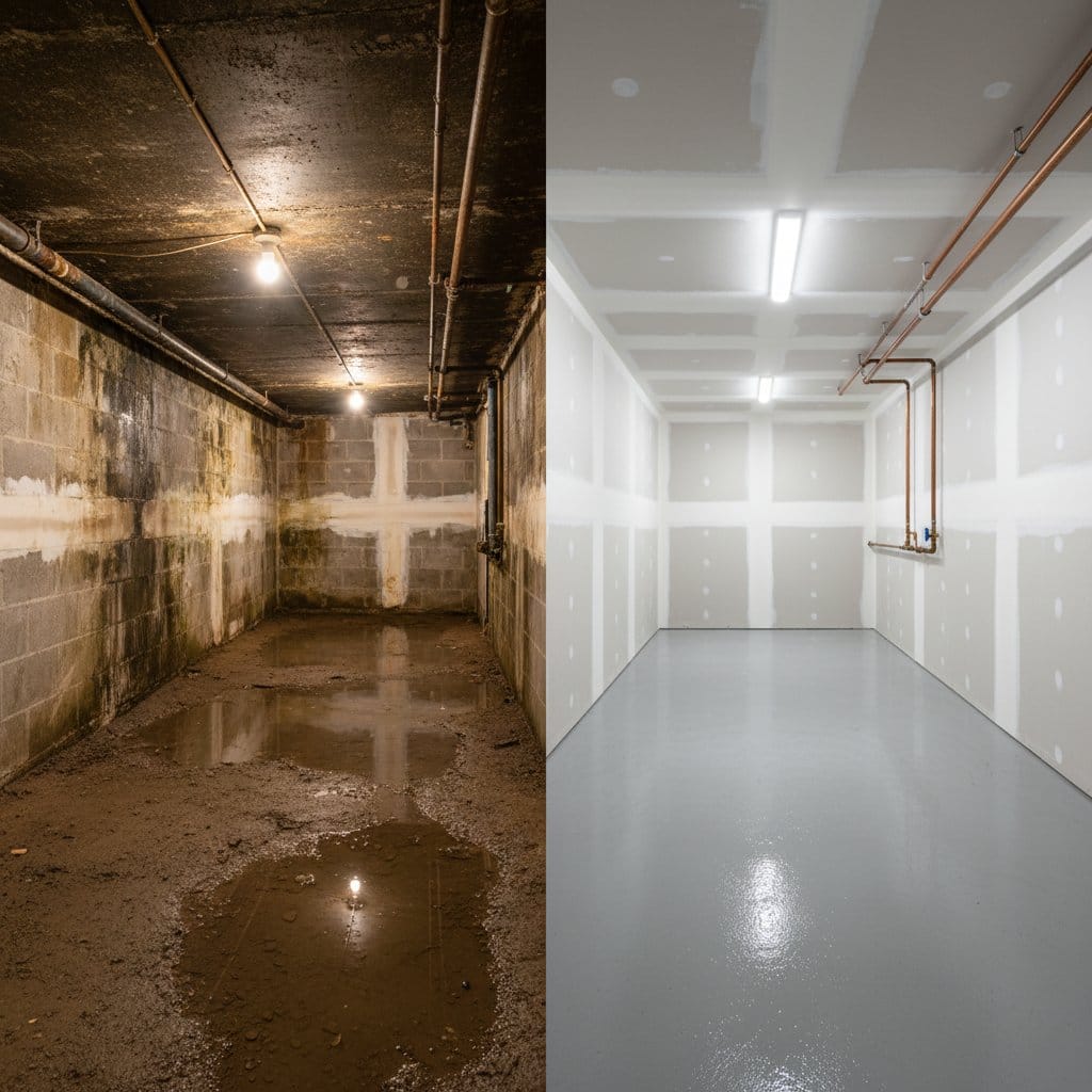 Carpet & Flooring Water Damage Cleanup restoration — crawl space of bungalow in Ho-Ho-Kus, NJ