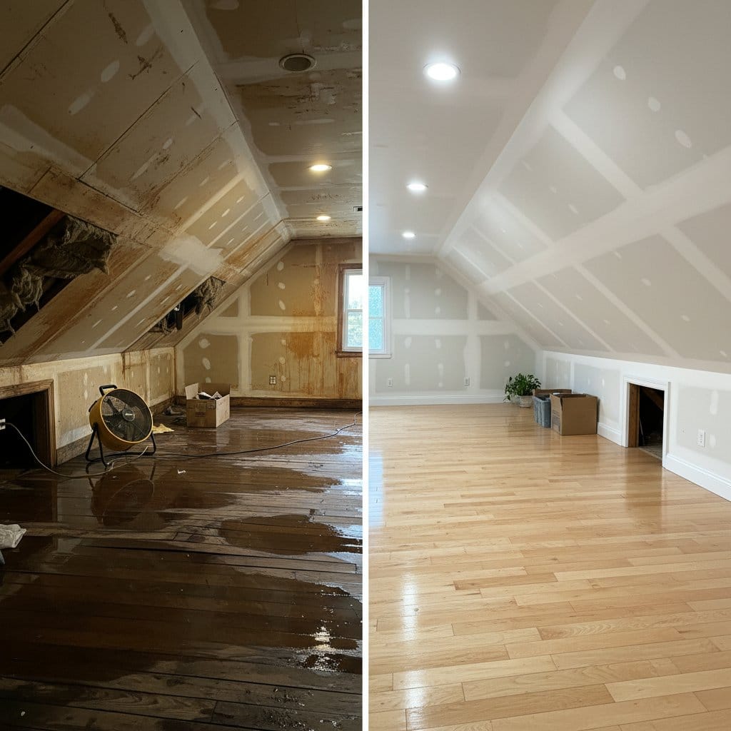 Before and after carpet & flooring water damage cleanup in Ho-Ho-Kus single-family home attic space