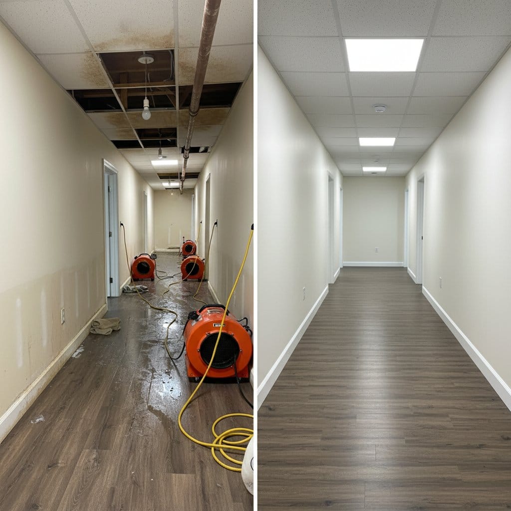 Wall & Ceiling Dry-Out before and after in hallway, Ho-Ho-Kus NJ