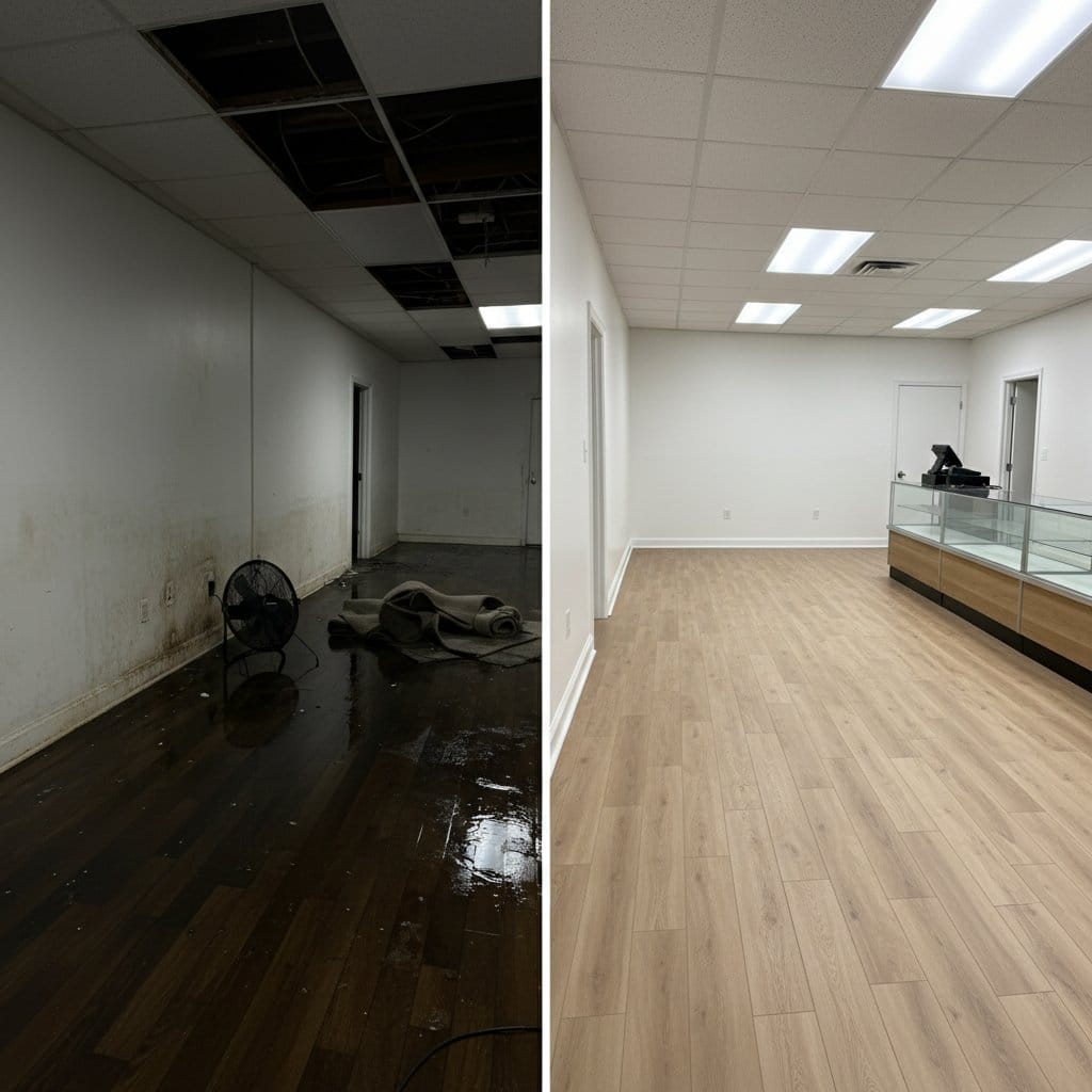 Before and after content drying & property cleanup in Ho-Ho-Kus townhouse storefront interior