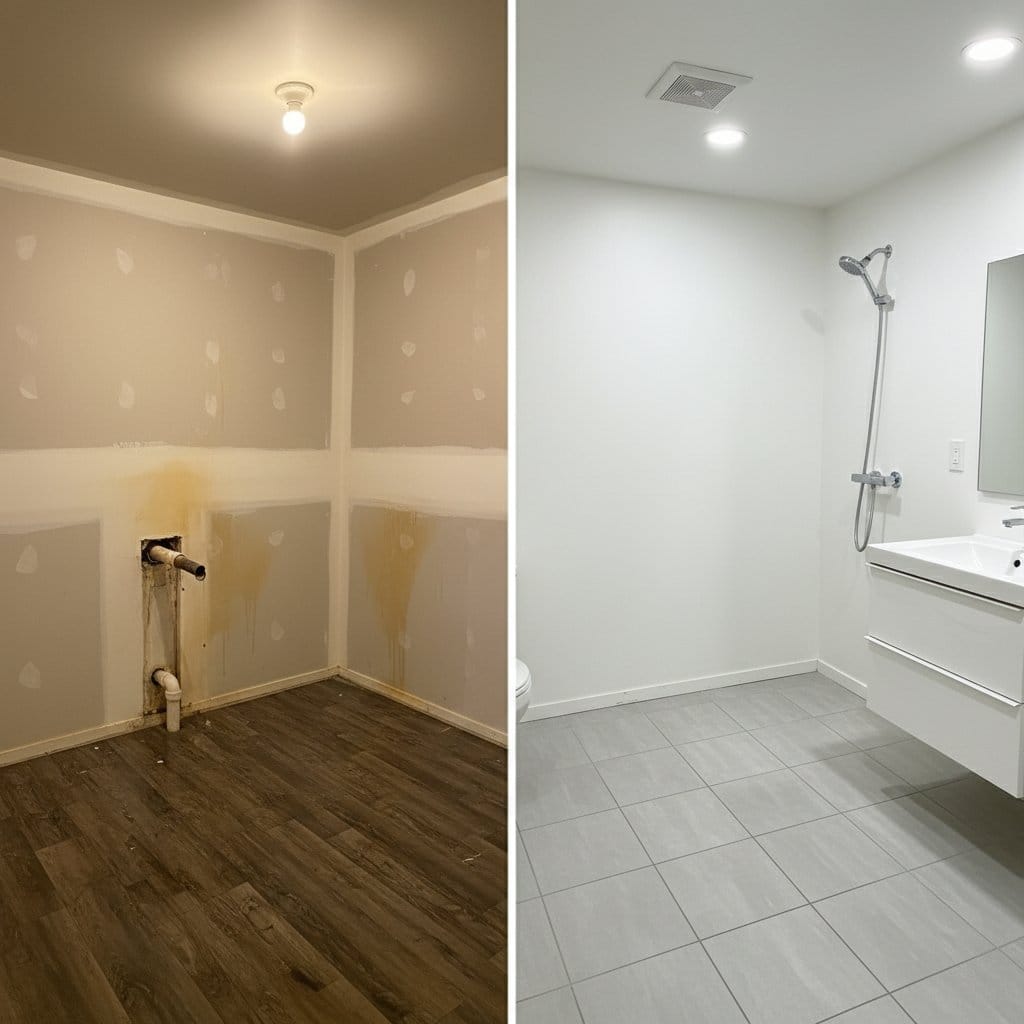 Before and after mold prevention after water damage in Ho-Ho-Kus Victorian home bathroom