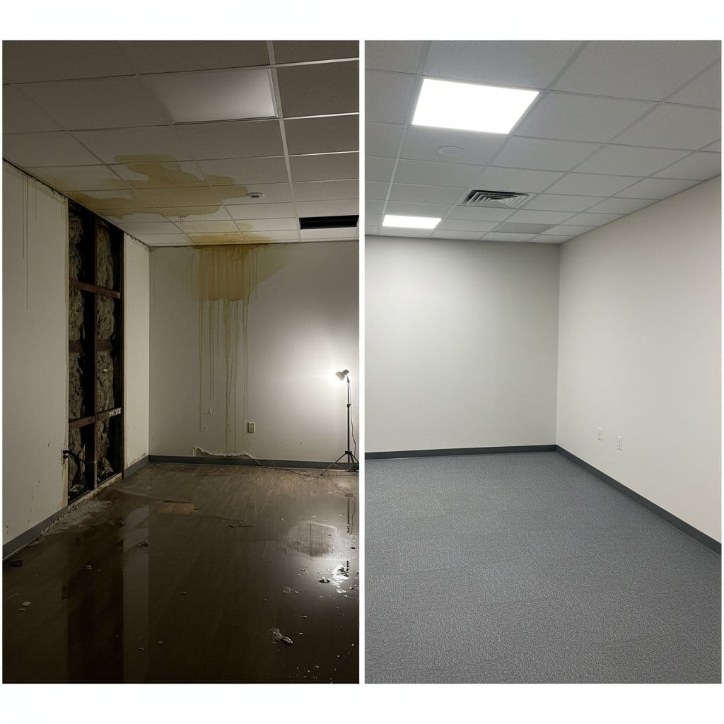 Ho-Ho-Kus Water Damage Restoration commercial office space restoration before and after in Ho-Ho-Kus